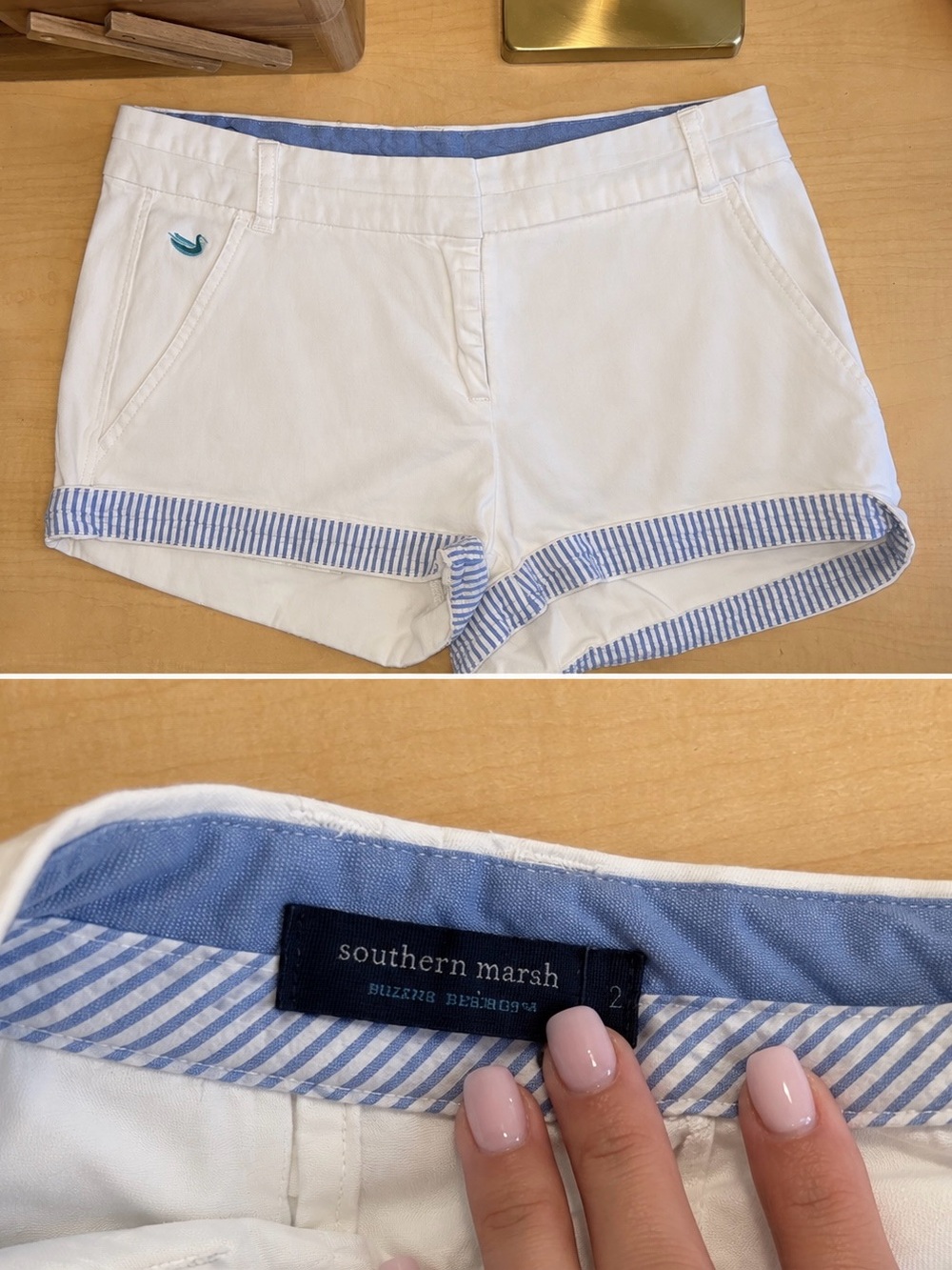 Southern Marsh White Cotton low rise mini Roll-Cuff Shorts with Blue Trim